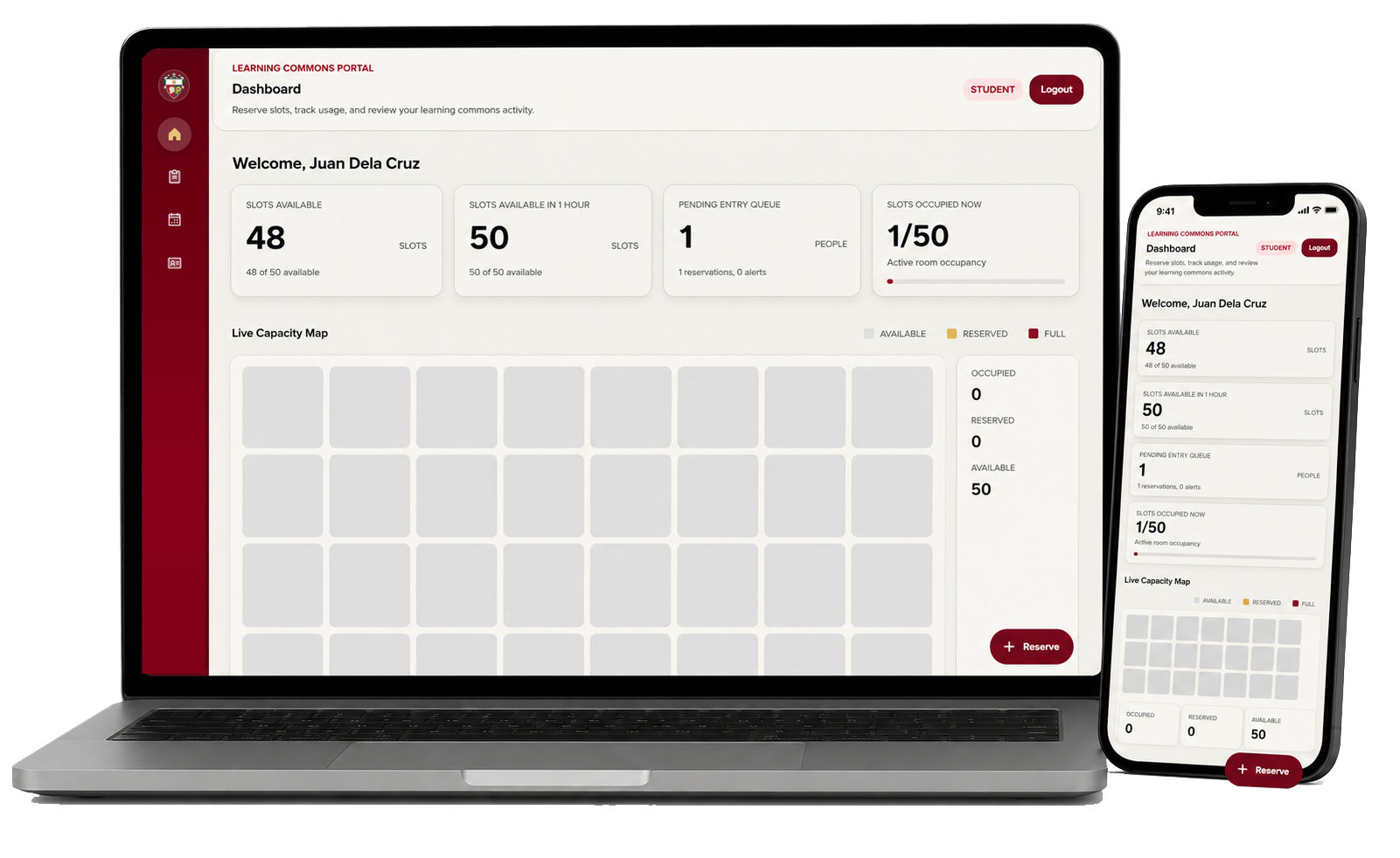 CICS Learning Commons Reservation System dashboard on a laptop and phone